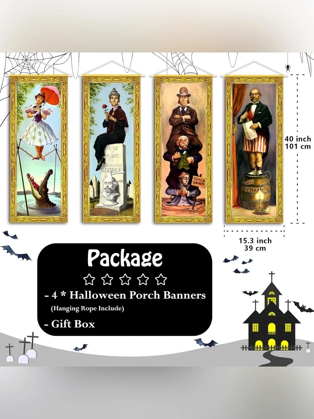 Pack of 4 Haunted Mansion Disney Vintage-Style Portrait Wall Art - Gold Frame